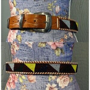 Cowhide Grain Belt Unisex Southwest Western Hand Tooled Beading Size 31 Cowboy